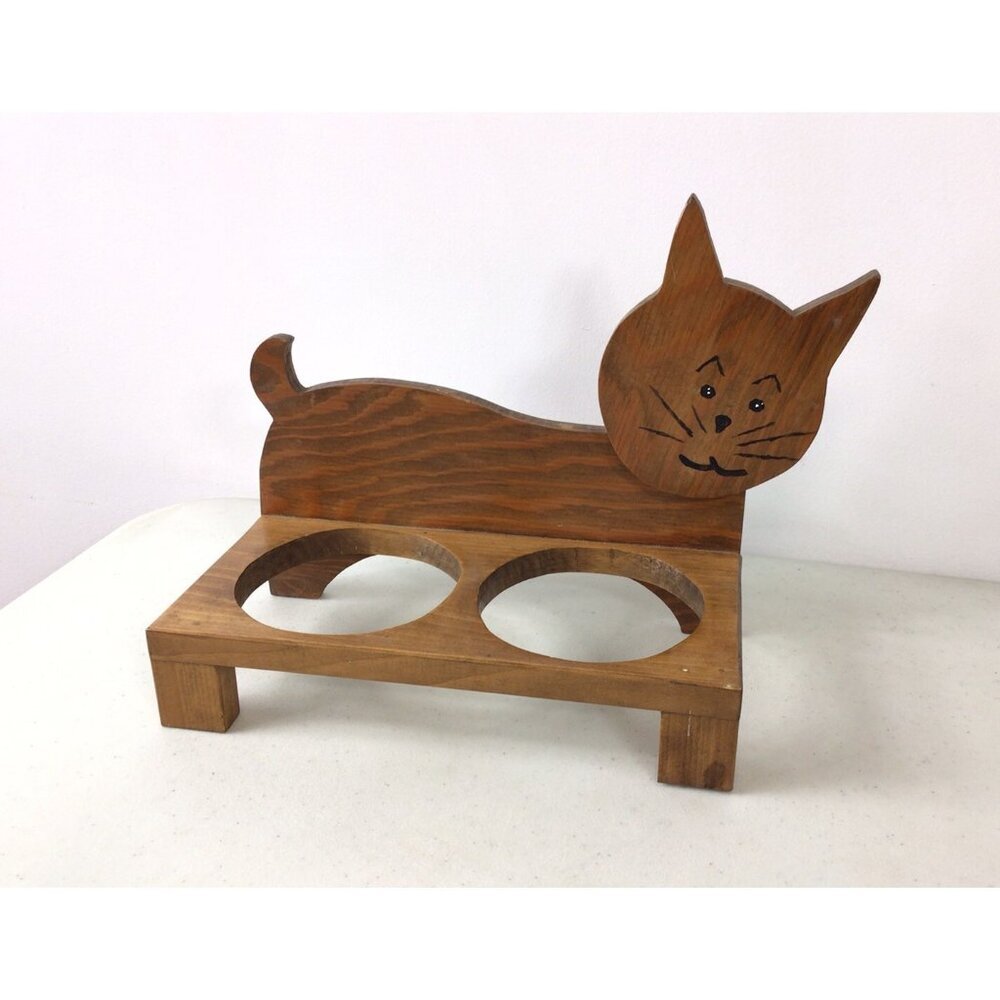 Vintage Wooden Cat Dish Holder